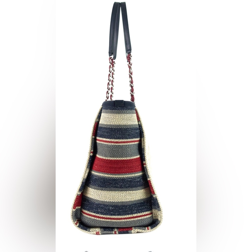 SOLD! CHANEL Deauville Small Canvas Shopping Tote Bag Cream Multicolor Sides - Picture 4 of 11